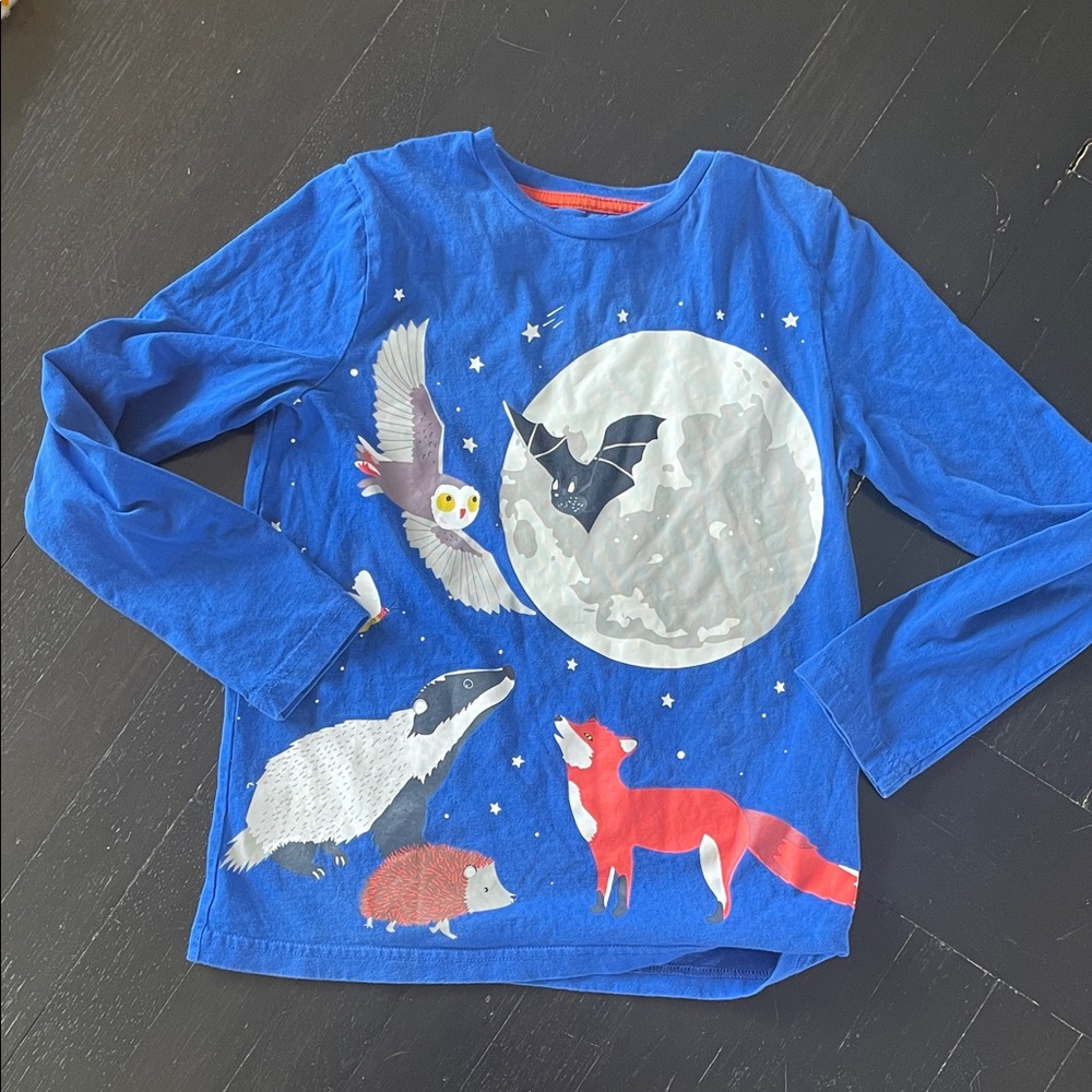 Mini Boden Blue Long-Sleeve Moon & Woodland Animals Tee - 9-10 Years, Like New